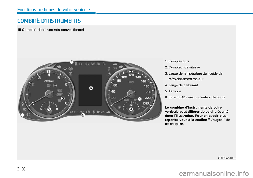 Hyundai Elantra 2017 Manuel du propriétaire (in French) 3-56
Fonctions pratiques de votre véhicule
COMBINÉ D’INSTRUMENTS
1. Compte-tours
2. Compteur de vitesse
3. Jauge de température du liquide de
refroidissement moteur
4. Jauge de carburant
5. Hyundai Elantra 2017 Manuel du propriétaire (in French) 3-56
Fonctions pratiques de votre véhicule
COMBINÉ D’INSTRUMENTS
1. Compte-tours
2. Compteur de vitesse
3. Jauge de température du liquide de
refroidissement moteur
4. Jauge de carburant
5.