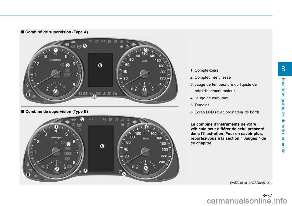 Hyundai Elantra 2017 Manuel du propriétaire (in French) 3-57
Fonctions pratiques de votre véhicule
31. Compte-tours
2. Compteur de vitesse
3. Jauge de température du liquide de
refroidissement moteur
4. Jauge de carburant
5. Témoins
6. Écran LCD Hyundai Elantra 2017 Manuel du propriétaire (in French) 3-57
Fonctions pratiques de votre véhicule
31. Compte-tours
2. Compteur de vitesse
3. Jauge de température du liquide de
refroidissement moteur
4. Jauge de carburant
5. Témoins
6. Écran LCD