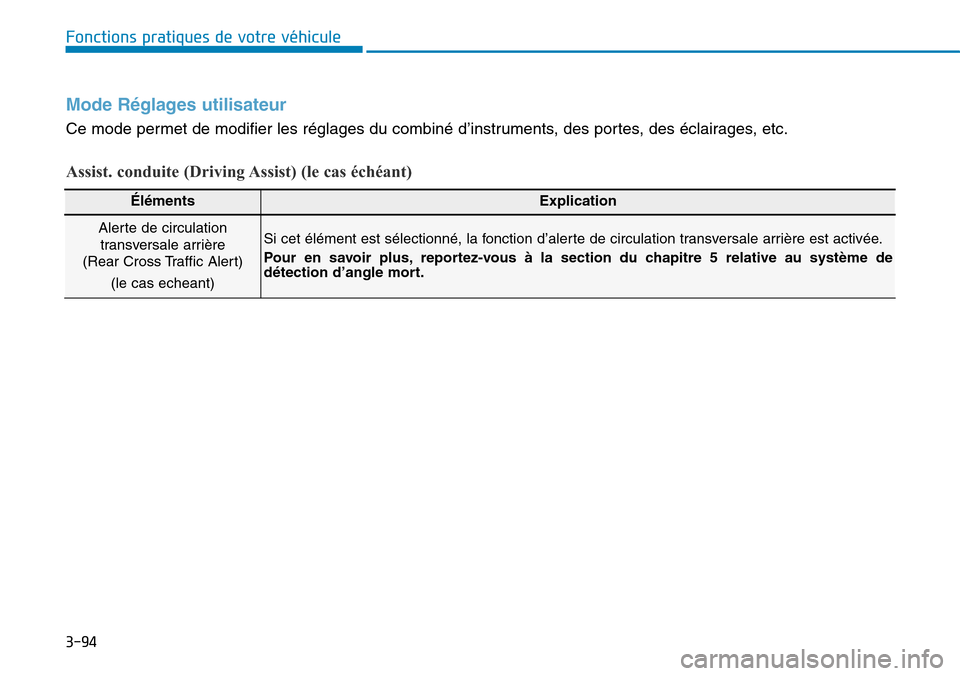 Hyundai Elantra 2017 Manuel du propriétaire (in French) 3-94
Fonctions pratiques de votre véhicule
Mode Réglages utilisateur
Ce mode permet de modifier les réglages du combiné d’instruments, des portes, des éclairages, etc.
Assist. conduite (Drivi Hyundai Elantra 2017 Manuel du propriétaire (in French) 3-94
Fonctions pratiques de votre véhicule
Mode Réglages utilisateur
Ce mode permet de modifier les réglages du combiné d’instruments, des portes, des éclairages, etc.
Assist. conduite (Drivi