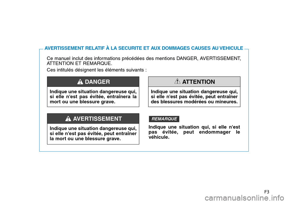 Hyundai Elantra 2017  Manuel du propriétaire (in French) F3
Ce manuel inclut des informations précédées des mentions DANGER, AVERTISSEMENT,
AT T E N T I O N   E T   R E M A R Q U E .
Ces intitulés désignent les éléments suivants :
AV E R T I S S E M 