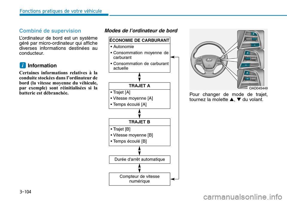 Hyundai Elantra 2017 Manuel du propriétaire (in French) 3-104
Fonctions pratiques de votre véhicule
Combiné de supervision
L’ o r d i n a t e u r d e b o r d e s t u n s y s t è m e
géré par micro-ordinateur qui affiche
diverses informat Hyundai Elantra 2017 Manuel du propriétaire (in French) 3-104
Fonctions pratiques de votre véhicule
Combiné de supervision
L’ o r d i n a t e u r d e b o r d e s t u n s y s t è m e
géré par micro-ordinateur qui affiche
diverses informat