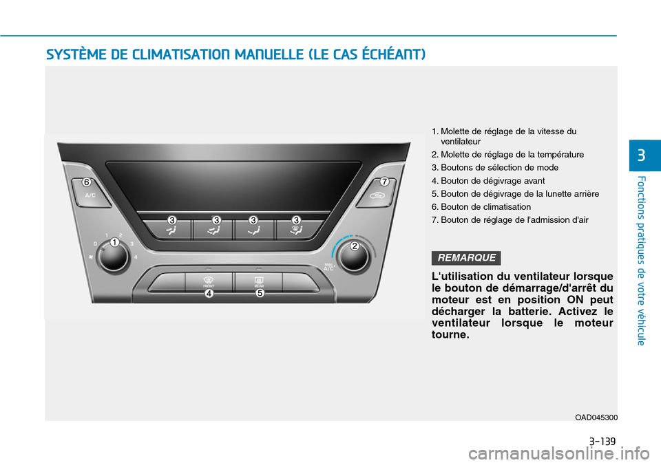 Hyundai Elantra 2017  Manuel du propriétaire (in French) 3-139
Fonctions pratiques de votre véhicule 
3
SYSTÈME DE CLIMATISATION MANUELLE (LE CAS ÉCHÉANT)
OAD045300
1. Molette de réglage de la vitesse duventilateur
2. Molette de réglage de la tempéra