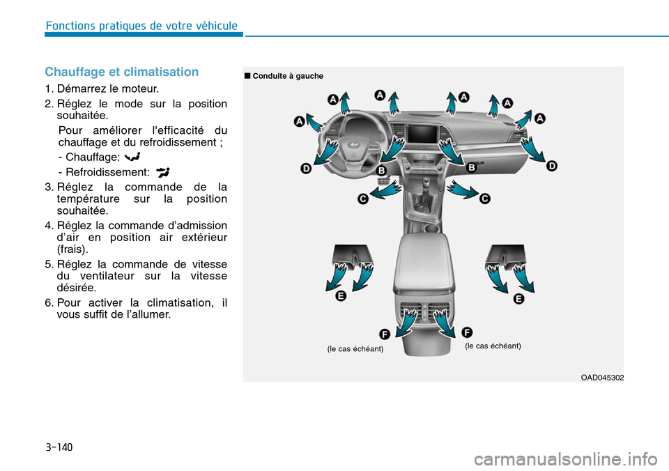 Hyundai Elantra 2017  Manuel du propriétaire (in French) 3-140
Fonctions pratiques de votre véhicule 
Chauffage et climatisation
1. Démarrez le moteur.
2. Réglez  le  mode  sur  la  position
souhaitée.
Pour  améliorer  lefficacité  du
chauffage et du