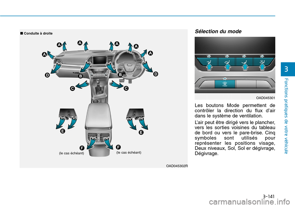 Hyundai Elantra 2017 Manuel du propriétaire (in French) 3-141
Fonctions pratiques de votre véhicule
3
Sélection du mode
Les boutons Mode permettent de
contrôler la direction du flux d’air
dans le système de ventilation.
L’ a i r p e u t Hyundai Elantra 2017 Manuel du propriétaire (in French) 3-141
Fonctions pratiques de votre véhicule
3
Sélection du mode
Les boutons Mode permettent de
contrôler la direction du flux d’air
dans le système de ventilation.
L’ a i r p e u t