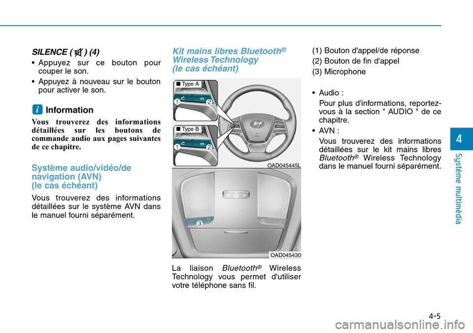 Hyundai Elantra 2017  Manuel du propriétaire (in French) SILENCE ( ) (4) 
•Appuyez  sur  ce  bouton  pour
couper le son.
•Appuyez à nouveau sur le bouton
pour activer le son.
Information 
Vo u s   t r o u v e r e z   d e s   i n f o r m a t i o n s
dé