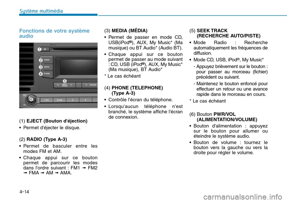 Hyundai Elantra 2017  Manuel du propriétaire (in French) 4-14
Système multimédia 
Fonctions de votre système
audio
(1) EJECT (Bouton déjection) 
•Permet déjecter le disque.
(2) RADIO (Type A-3)
•Permet de basculer entre les
modes FM et AM.
•Cha