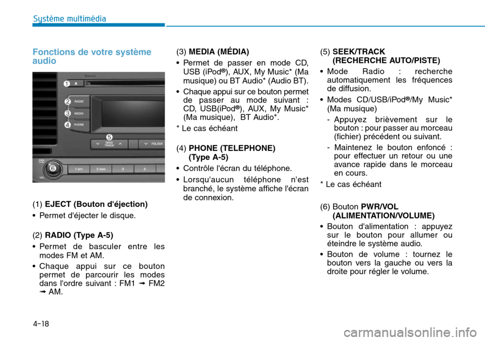 Hyundai Elantra 2017  Manuel du propriétaire (in French) 4-18
Système multimédia 
Fonctions de votre système
audio
(1) EJECT (Bouton déjection) 
•Permet déjecter le disque.
(2) RADIO (Type A-5)
•Permet de basculer entre les
modes FM et AM.
•Cha
