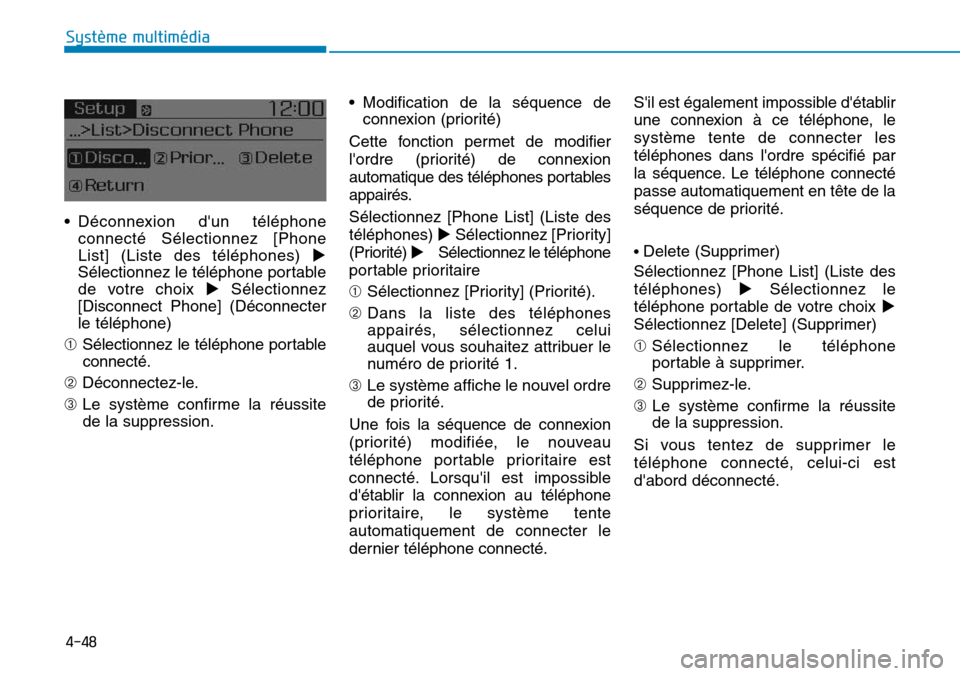Hyundai Elantra 2017  Manuel du propriétaire (in French) 4-48
Système multimédia 
•Déconnexion  dun  téléphone
connecté  Sélectionnez  [Phone
List]  (Liste  des  téléphones) !
Sélectionnez le téléphone portable
de  votre  choix !Sélectionnez