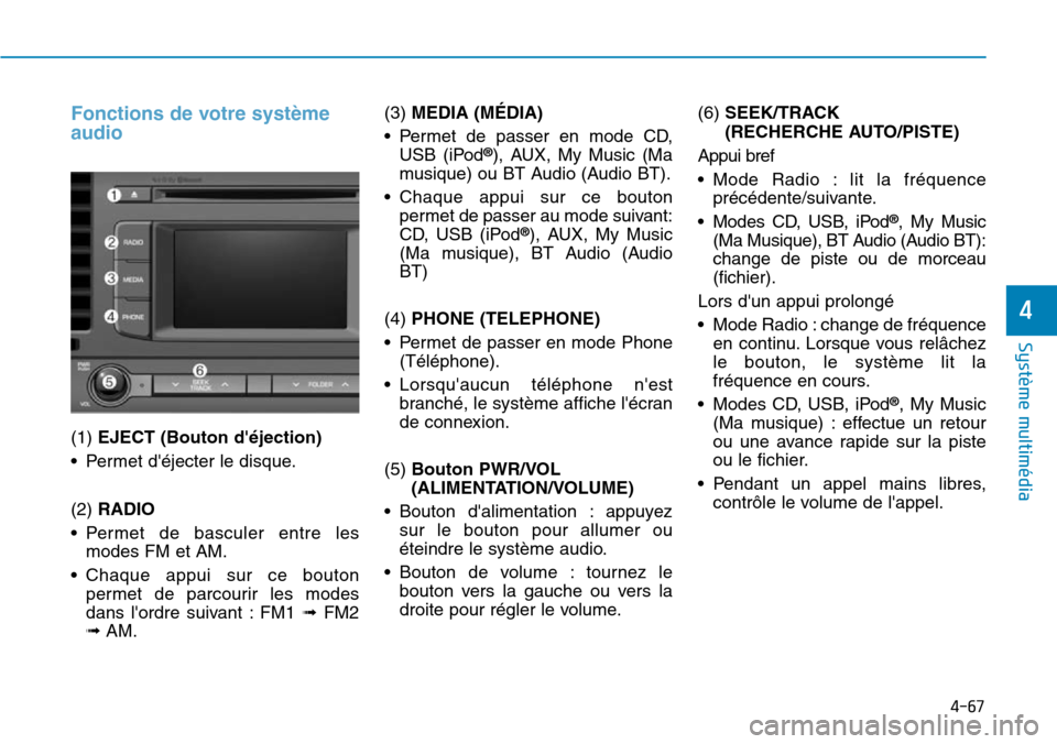 Hyundai Elantra 2017 Manuel du propriétaire (in French) 4-67
Système multimédia
4
Fonctions de votre système
audio
(1) EJECT (Bouton déjection)
•Permet déjecter le disque.
(2) RADIO
•Permet de basculer entre les
modes FM et AM.
•Chaque appui Hyundai Elantra 2017 Manuel du propriétaire (in French) 4-67
Système multimédia
4
Fonctions de votre système
audio
(1) EJECT (Bouton déjection)
•Permet déjecter le disque.
(2) RADIO
•Permet de basculer entre les
modes FM et AM.
•Chaque appui