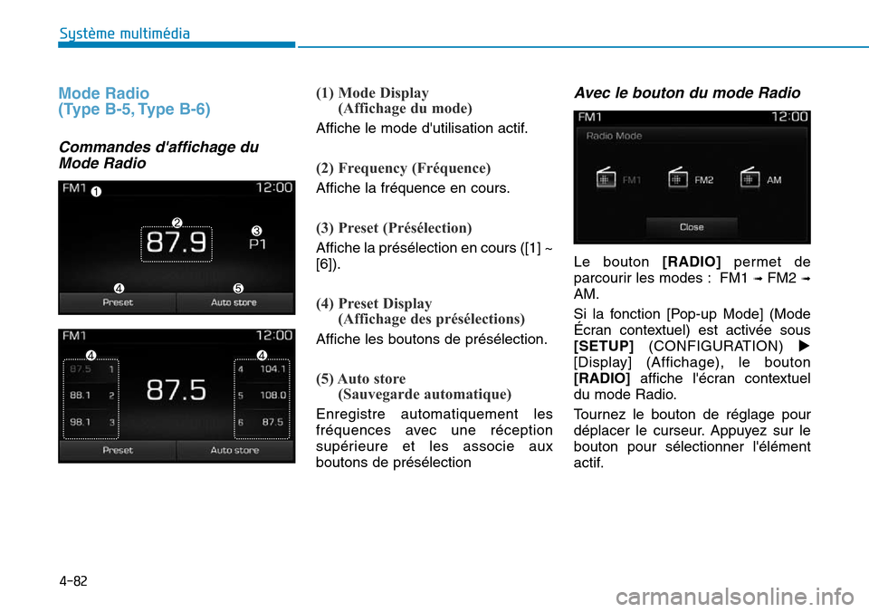 Hyundai Elantra 2017 Manuel du propriétaire (in French) 4-82
Système multimédia
Mode Radio
(Type B-5, Type B-6)
Commandes daffichage du
Mode Radio
(1) Mode Display
(Affichage du mode)
Affiche le mode dutilisation actif.
(2) Frequency (Fréquence)
Af Hyundai Elantra 2017 Manuel du propriétaire (in French) 4-82
Système multimédia
Mode Radio
(Type B-5, Type B-6)
Commandes daffichage du
Mode Radio
(1) Mode Display
(Affichage du mode)
Affiche le mode dutilisation actif.
(2) Frequency (Fréquence)
Af