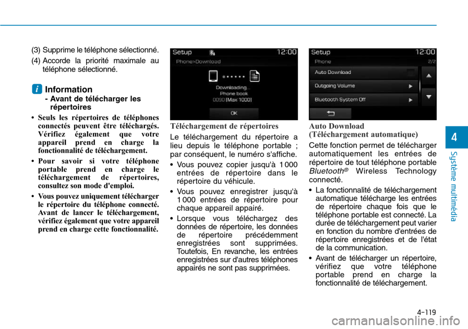 Hyundai Elantra 2017 Manuel du propriétaire (in French) 4-119
Système multimédia
4
(3) Supprime le téléphone sélectionné.
(4) Accorde la priorité maximale au
téléphone sélectionné.
Information
- Avant de télécharger les
répertoires
• S Hyundai Elantra 2017 Manuel du propriétaire (in French) 4-119
Système multimédia
4
(3) Supprime le téléphone sélectionné.
(4) Accorde la priorité maximale au
téléphone sélectionné.
Information
- Avant de télécharger les
répertoires
• S