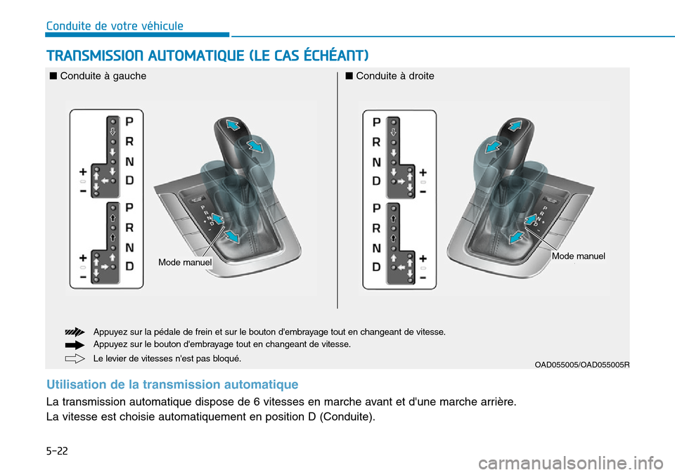 Hyundai Elantra 2017  Manuel du propriétaire (in French) 5-22
Conduite de votre véhicule
TRANSMISSION AUTOMATIQUE (LE CAS ÉCHÉANT)
OAD055005/OAD055005R
■Conduite à gauche■Conduite à droite
Le levier de vitesses nest pas bloqué.
Appuyez sur la pé