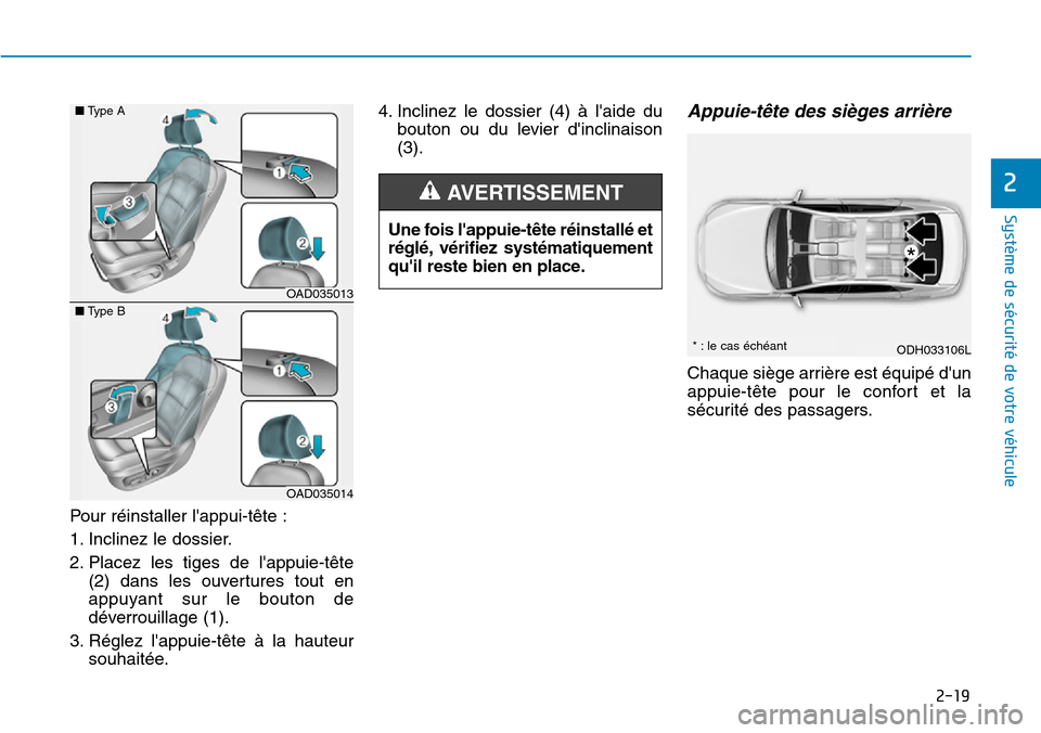 Hyundai Elantra 2017 Manuel du propriétaire (in French) 2-19
Système de sécurité de votre véhicule
2
Pour réinstaller lappui-tête :
1. Inclinez le dossier.
2. Placez les tiges de lappuie-tête
(2) dans les ouvertures tout en
appuyant Hyundai Elantra 2017 Manuel du propriétaire (in French) 2-19
Système de sécurité de votre véhicule
2
Pour réinstaller lappui-tête :
1. Inclinez le dossier.
2. Placez les tiges de lappuie-tête
(2) dans les ouvertures tout en
appuyant