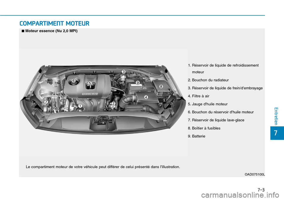 Hyundai Elantra 2017  Manuel du propriétaire (in French) 7-3
7
Entretien
COMPARTIMENT MOTEUR
1. Réservoir de liquide de refroidissement
moteur 
2. Bouchon du radiateur 
3. Réservoir de liquide de frein/dembrayage
4. Filtre à air 
5. Jauge dhuile moteur