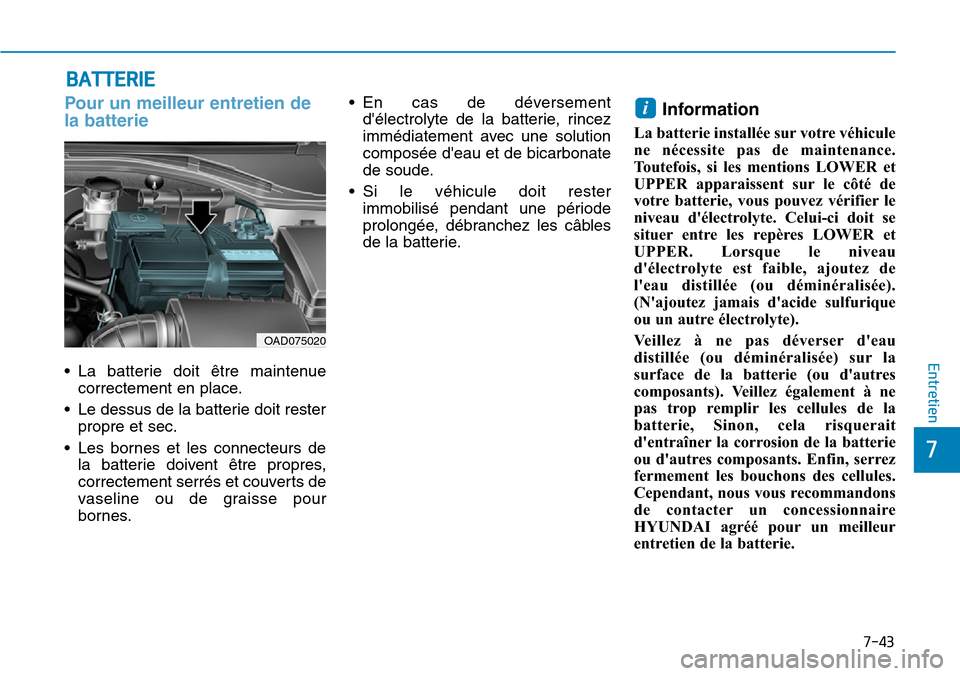 Hyundai Elantra 2017  Manuel du propriétaire (in French) 7-43
7
Entretien
BATTERIE
Pour  un  meilleur  entretien  de
la batterie 
•La batterie doit être maintenue
correctement en place.
•Le dessus de la batterie doit rester
propre et sec.
•Les bornes