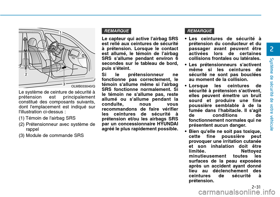 Hyundai Elantra 2017  Manuel du propriétaire (in French) 2-31
Système de sécurité de votre véhicule 
2
Le système de ceinture de sécurité à
prétension  est  principalement
constitué  des  composants  suivants,
dont  lemplacement  est  indiqué  s