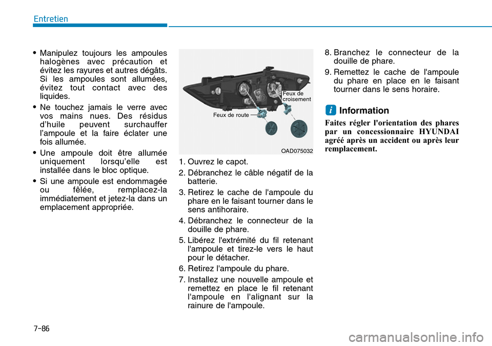 Hyundai Elantra 2017 Manuel du propriétaire (in French) 7-86
Entretien
•Manipulez toujours les ampoules
halogènes avec précaution et
évitez les rayures et autres dégâts.
Si les ampoules sont allumées,
évitez tout contact avec des
liq Hyundai Elantra 2017 Manuel du propriétaire (in French) 7-86
Entretien
•Manipulez toujours les ampoules
halogènes avec précaution et
évitez les rayures et autres dégâts.
Si les ampoules sont allumées,
évitez tout contact avec des
liq