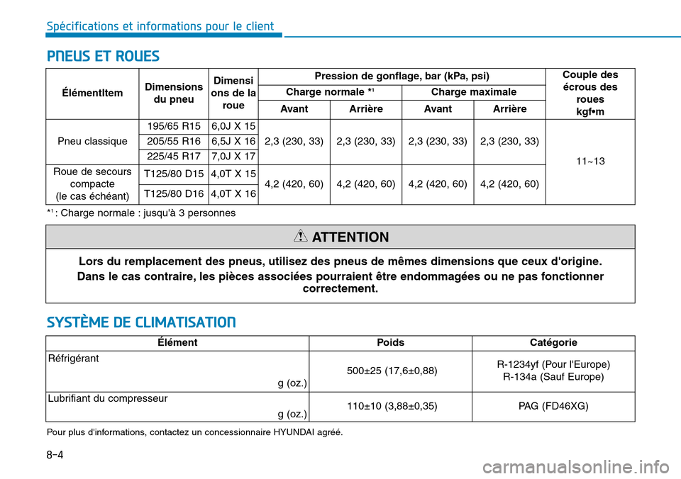 Hyundai Elantra 2017  Manuel du propriétaire (in French) 8-4
Spécifications et informations pour le client
PNEUS ET ROUES
SYSTÈME DE CLIMATISATION
Lors du remplacement des pneus, utilisez des pneus de mêmes dimensions que ceux dorigine.
Dans le cas cont