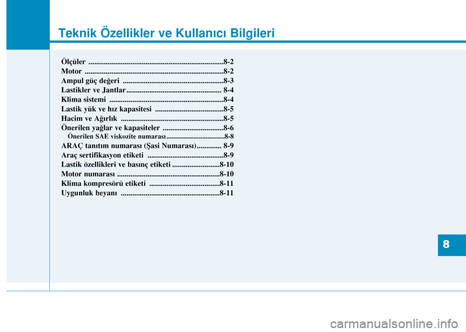 Hyundai Elantra 2017 Kullanım Kılavuzu (in Turkish) 8
Specifications & Consumer information
8
Teknik Özellikler ve Kullanıcı Bilgileri
8
Ölçüler .......................................................................8-2
Motor .................... Hyundai Elantra 2017 Kullanım Kılavuzu (in Turkish) 8
Specifications & Consumer information
8
Teknik Özellikler ve Kullanıcı Bilgileri
8
Ölçüler .......................................................................8-2
Motor ....................