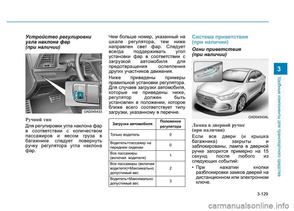Hyundai Elantra 2017 Инструкция по эксплуатации (in Russian) 3-129
Удобные компоненты для транспортного средства
3
Устройство регулировки
угла наклона фар
(при наличии)
Ру Hyundai Elantra 2017 Инструкция по эксплуатации (in Russian) 3-129
Удобные компоненты для транспортного средства
3
Устройство регулировки
угла наклона фар
(при наличии)
Ру