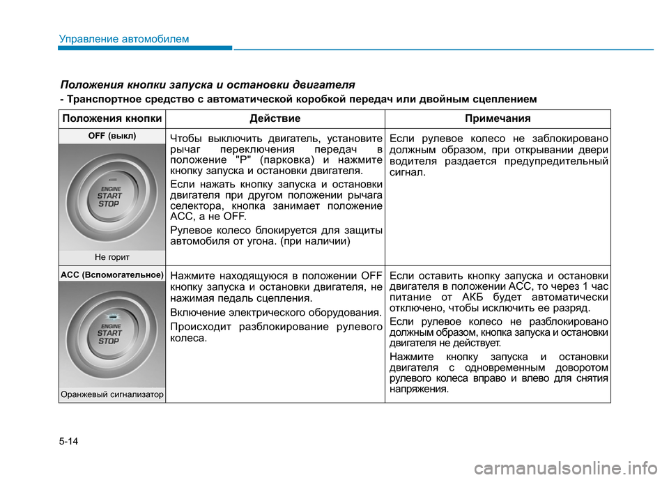 Hyundai Elantra 2017  Инструкция по эксплуатации (in Russian) 5-14
Управление автомобилем
Положения кнопки запуска и остановки двигателя
- Транспортное средство с автомати