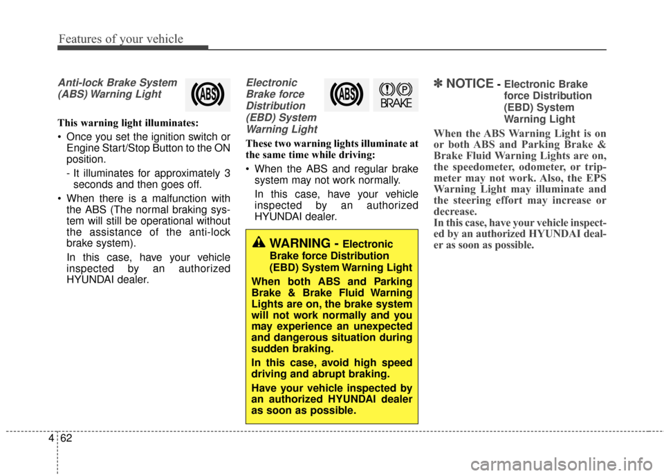 Hyundai Elantra 2016  Owners Manual Features of your vehicle
62
4
Anti-lock Brake System
(ABS) Warning  Light
This warning light illuminates:
 Once you set the ignition switch or Engine Start/Stop Button to the ON
position.
- It illumin