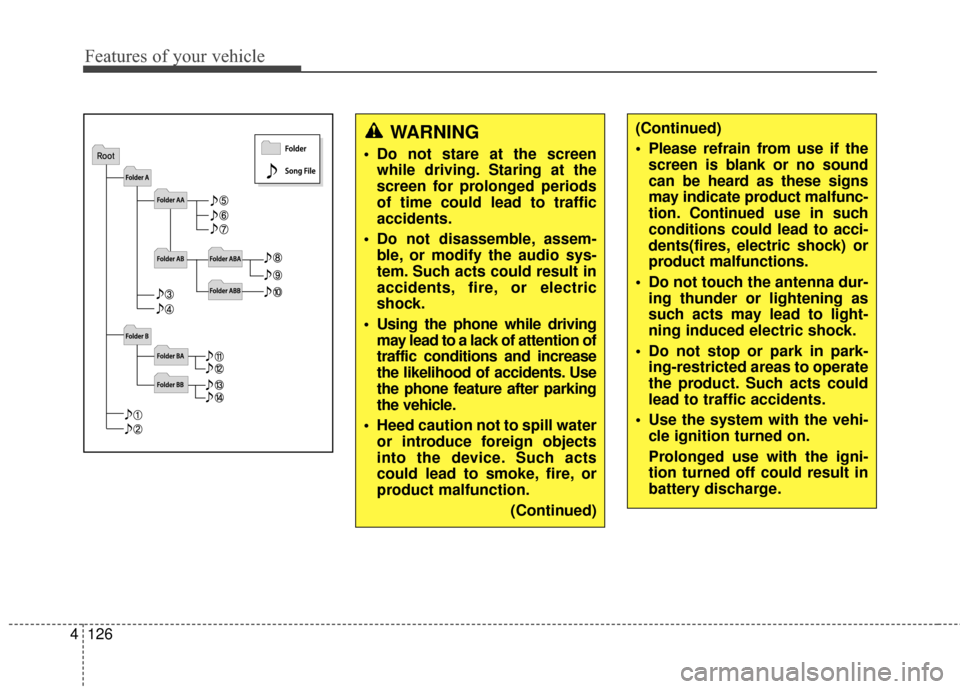 Hyundai Elantra 2016  Owners Manual Features of your vehicle
126
4
WARNING
 Do not stare at the screen
while driving. Staring at the
screen for prolonged periods
of time could lead to traffic
accidents.
 Do not disassemble, assem- ble, 