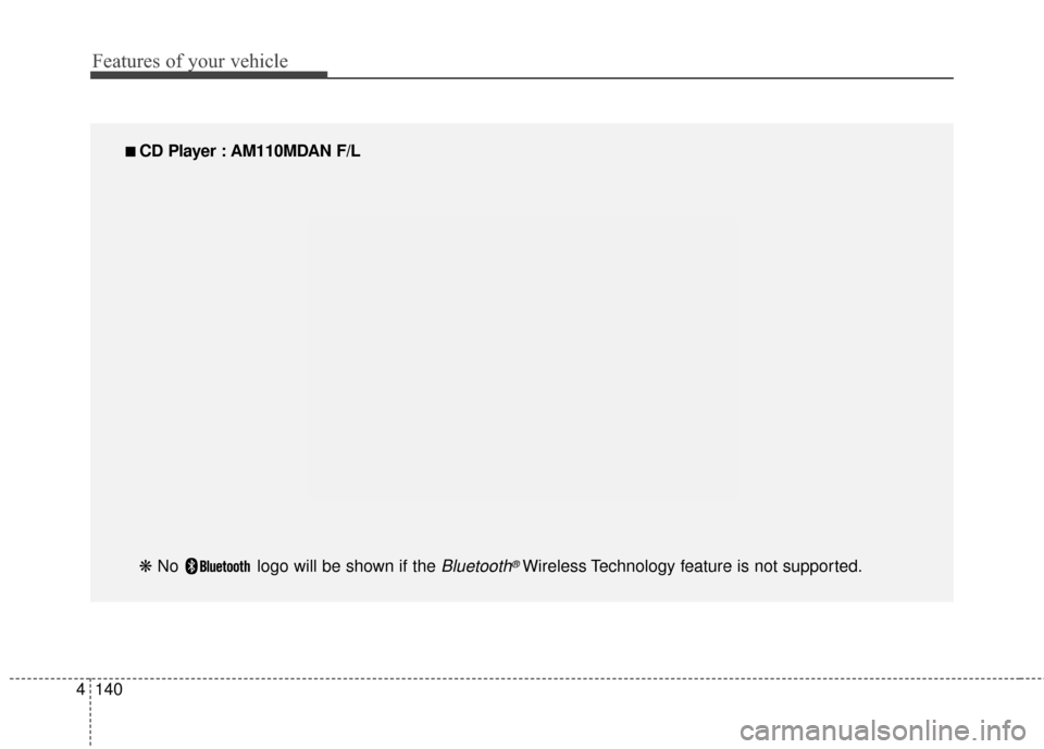 Hyundai Elantra 2016  Owners Manual Features of your vehicle
140
4
■
■  
 CD Player : AM110MDAN F/L
❋  No  logo will be shown if the 
Bluetooth®Wireless Technology feature is not supported. 