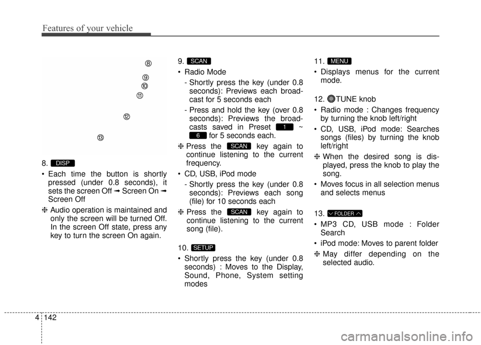 Hyundai Elantra 2016  Owners Manual Features of your vehicle
142
4
8.
 Each time the button is shortly
pressed (under 0.8 seconds), it
sets the screen Off ➟ Screen On ➟
Screen Off
❈ Audio operation is maintained and
only the scree