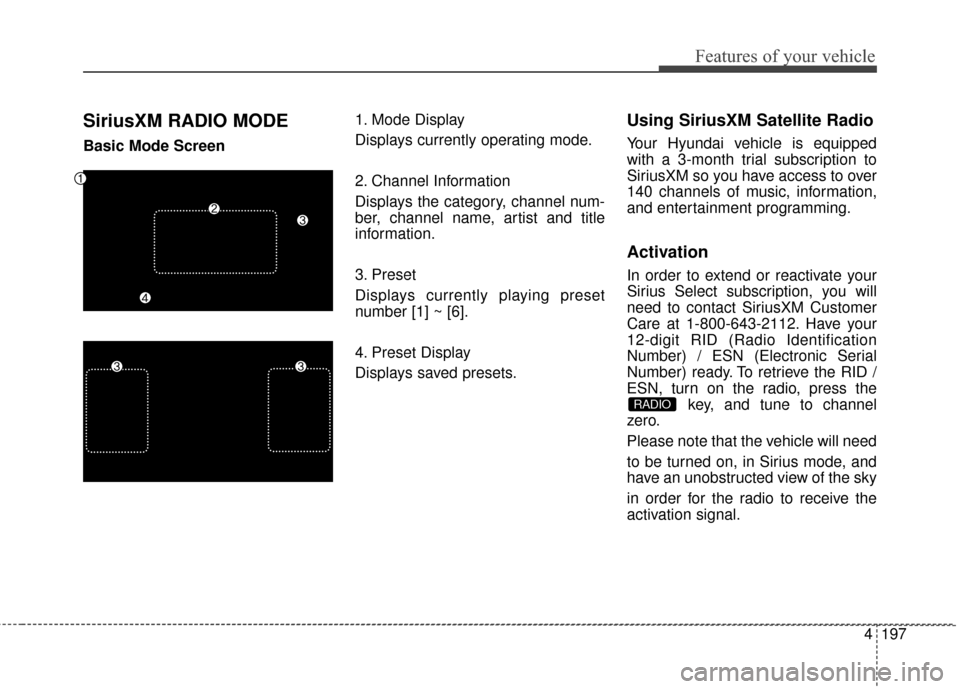 Hyundai Elantra 2016  Owners Manual 4197
Features of your vehicle
SiriusXM RADIO MODE
Basic Mode Screen1. Mode Display
Displays currently operating mode.
2. Channel Information
Displays the category, channel num-
ber, channel name, arti