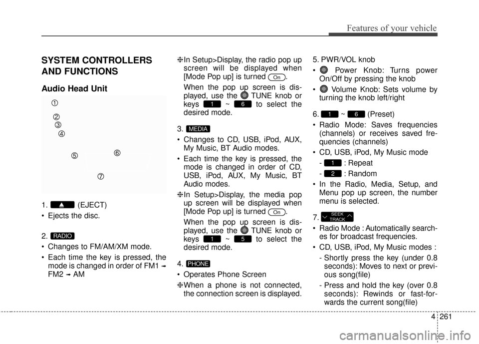 Hyundai Elantra 2016  Owners Manual 4261
Features of your vehicle
SYSTEM CONTROLLERS
AND FUNCTIONS
Audio Head Unit
1. (EJECT)
 Ejects the disc.
2.
 Changes to FM/AM/XM mode.
 Each time the key is pressed, themode is changed in order of 