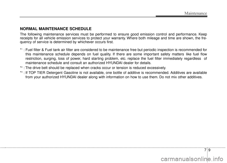 Hyundai Elantra 2016  Owners Manual 79
Maintenance
NORMAL MAINTENANCE SCHEDULE
The following maintenance services must be performed to ensure good emission control and performance. Keep
receipts for all vehicle emission services to prot