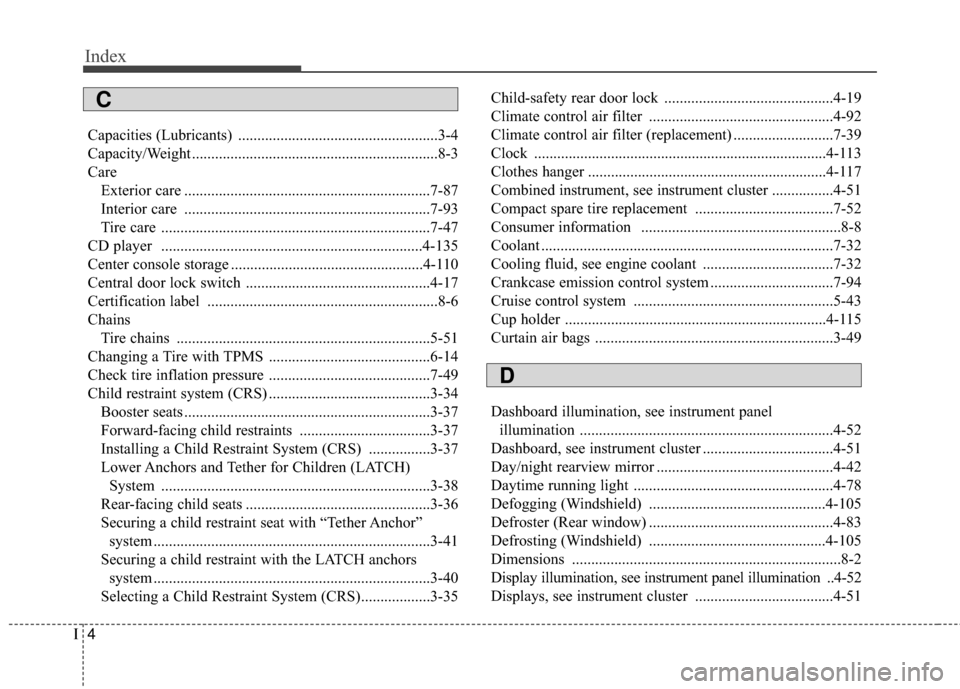 Hyundai Elantra 2016  Owners Manual Index
4I
Capacities (Lubricants) ....................................................3-4
Capacity/Weight ................................................................8-3
CareExterior care .........