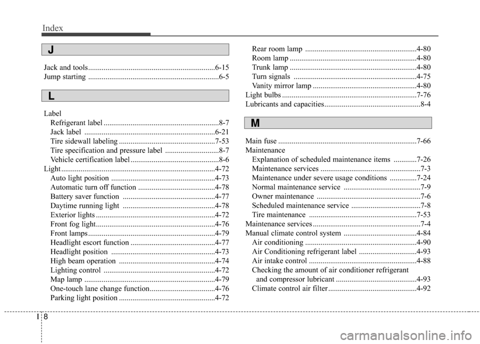 Hyundai Elantra 2016  Owners Manual Index
8I
Jack and tools..................................................................6-15
Jump starting ....................................................................6-5
LabelRefrigerant lab