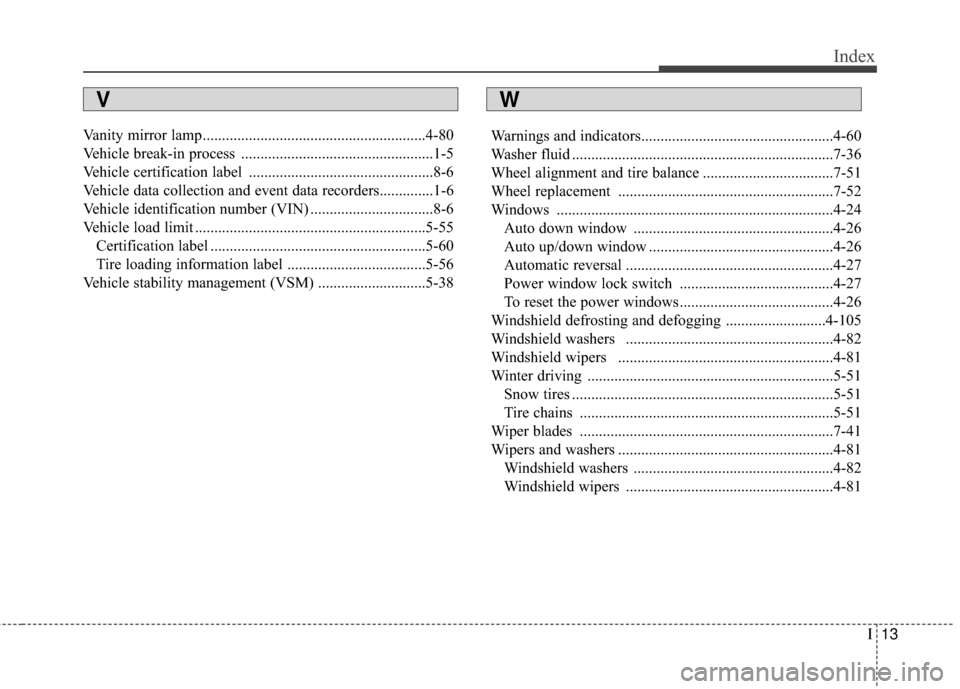 Hyundai Elantra 2016  Owners Manual I13
Index
Vanity mirror lamp..........................................................4-80
Vehicle break-in process ..................................................1-5
Vehicle certification label ..