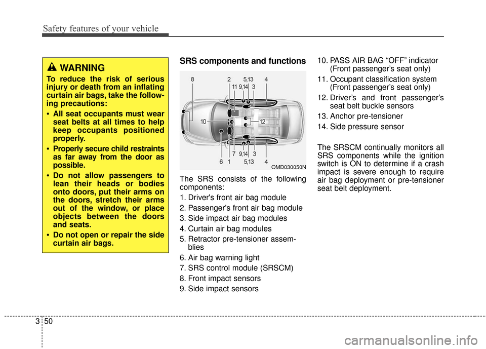 Hyundai Elantra 2016 Owners Manual Safety features of your vehicle
50
3
SRS components and functions
The SRS consists of the following
components:
1. Drivers front air bag module
2. Passengers front air bag module
3. Side impact air Hyundai Elantra 2016 Owners Manual Safety features of your vehicle
50
3
SRS components and functions
The SRS consists of the following
components:
1. Drivers front air bag module
2. Passengers front air bag module
3. Side impact air