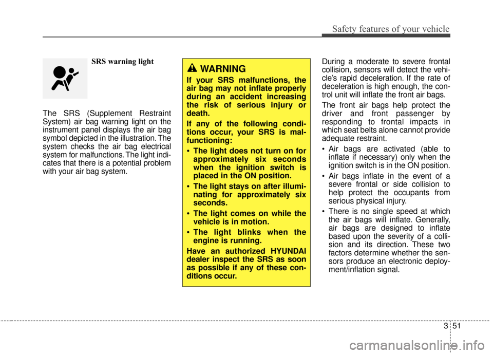 Hyundai Elantra 2016  Owners Manual Safety features of your vehicle
351
SRS warning light
The SRS (Supplement Restraint
System) air bag warning light on the
instrument panel displays the air bag
symbol depicted in the illustration. The

