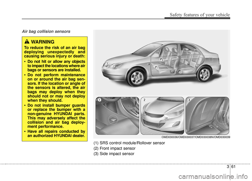 Hyundai Elantra 2016 Manual PDF Safety features of your vehicle
361
Air bag collision sensors  
(1) SRS control module/Rollover sensor 
(2) Front impact sensor
(3) Side impact sensor
WARNING
To reduce the risk of an air bag
deployin