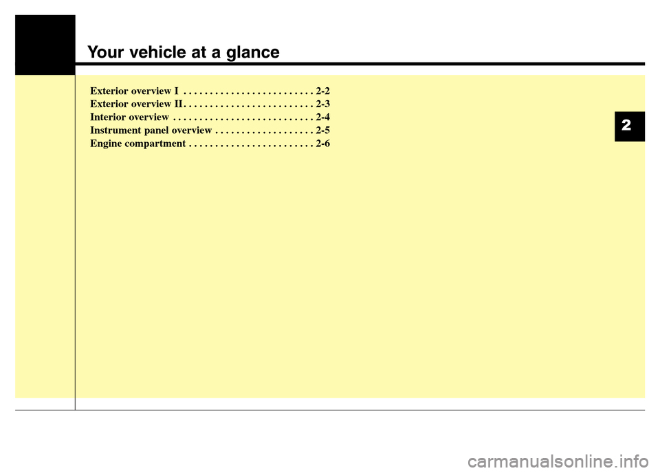 Hyundai Elantra 2016   - RHD (UK. Australia) User Guide Your vehicle at a glance
Exterior overview I . . . . . . . . . . . . . . . . . . . . . . . . . 2-2
Exterior overview II . . . . . . . . . . . . . . . . . . . . . . . . . 2-3
Interior overview . . . . 