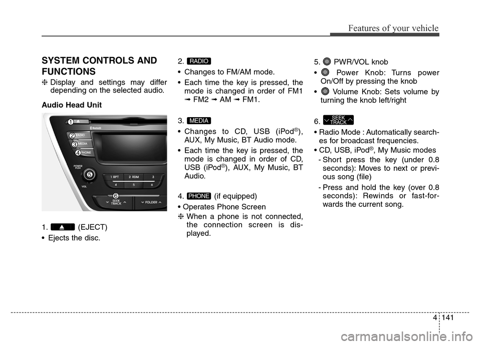 Hyundai Elantra 2016 Owners Manual - RHD (UK. Australia) 4141
Features of your vehicle
SYSTEM CONTROLS AND
FUNCTIONS
❈Display and settings may differ
depending on the selected audio.
Audio Head Unit
1. (EJECT)
• Ejects the disc.2.
• Changes to FM/AM m Hyundai Elantra 2016 Owners Manual - RHD (UK. Australia) 4141
Features of your vehicle
SYSTEM CONTROLS AND
FUNCTIONS
❈Display and settings may differ
depending on the selected audio.
Audio Head Unit
1. (EJECT)
• Ejects the disc.2.
• Changes to FM/AM m