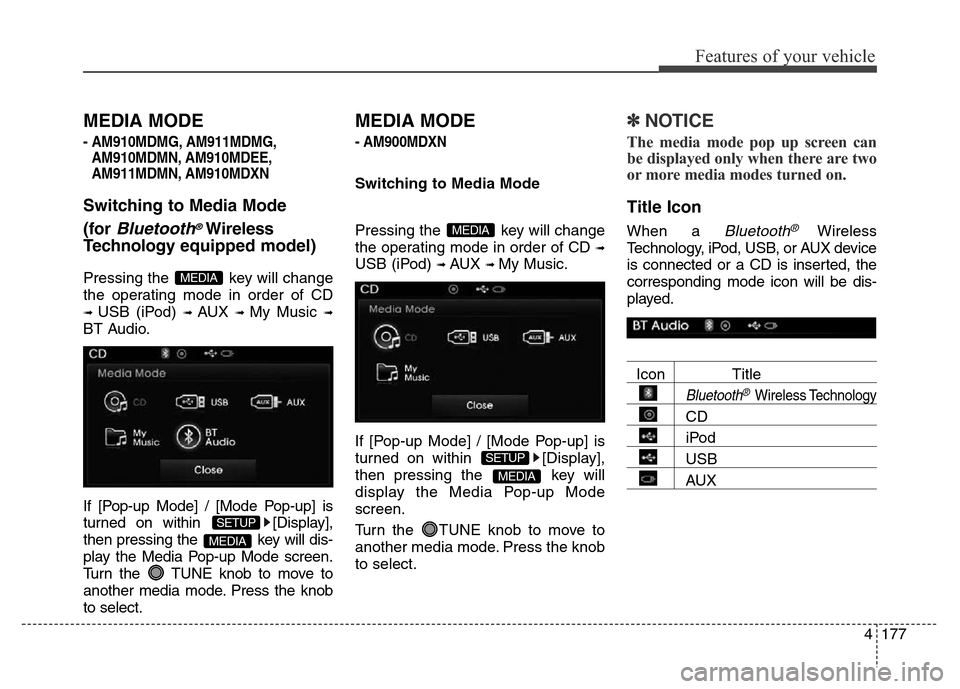 Hyundai Elantra 2016 Owners Manual - RHD (UK. Australia) 4177
Features of your vehicle
MEDIA MODE
- AM910MDMG, AM911MDMG,
AM910MDMN, AM910MDEE,
AM911MDMN, AM910MDXN
Switching to Media Mode
(for
Bluetooth®Wireless
Technologyequipped model)
Pressing the ke Hyundai Elantra 2016 Owners Manual - RHD (UK. Australia) 4177
Features of your vehicle
MEDIA MODE
- AM910MDMG, AM911MDMG,
AM910MDMN, AM910MDEE,
AM911MDMN, AM910MDXN
Switching to Media Mode
(for
Bluetooth®Wireless
Technologyequipped model)
Pressing the ke
