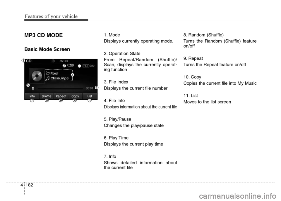 Hyundai Elantra 2016 Owners Manual - RHD (UK. Australia) Features of your vehicle
182 4
MP3 CD MODE
Basic Mode Screen
1. Mode
Displays currently operating mode.
2. Operation State
From Repeat/Random (Shuffle)/
Scan, displays the currently operat-
ing functi Hyundai Elantra 2016 Owners Manual - RHD (UK. Australia) Features of your vehicle
182 4
MP3 CD MODE
Basic Mode Screen
1. Mode
Displays currently operating mode.
2. Operation State
From Repeat/Random (Shuffle)/
Scan, displays the currently operat-
ing functi