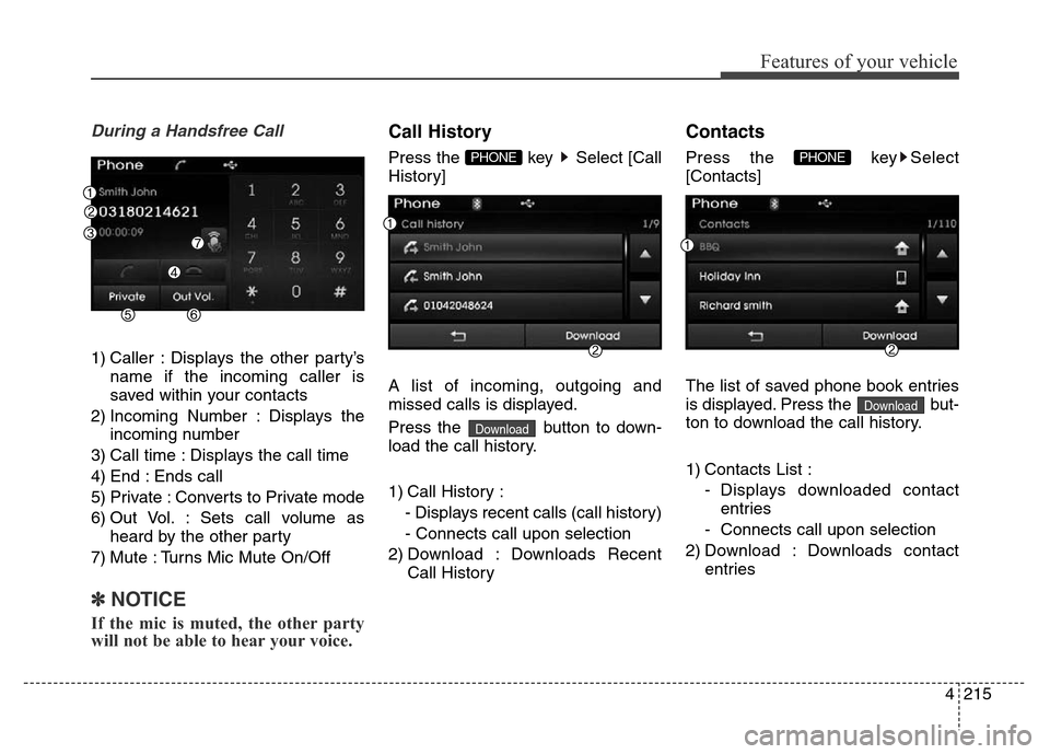 Hyundai Elantra 2016  Owners Manual - RHD (UK. Australia) 4215
Features of your vehicle
During a Handsfree Call
1) Caller : Displays the other party’s
name if the incoming caller is
saved within your contacts
2) Incoming Number : Displays the
incoming numb