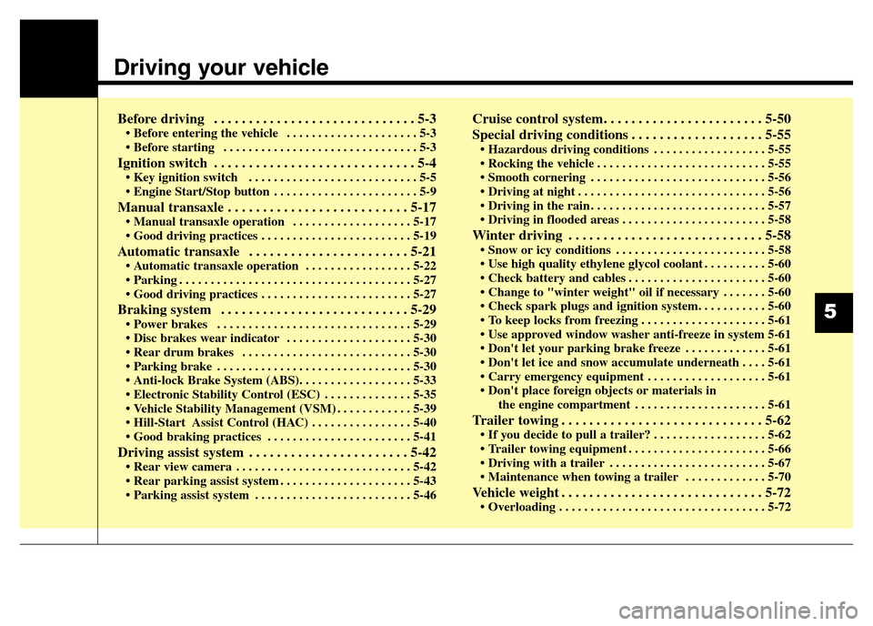 Hyundai Elantra 2016  Owners Manual - RHD (UK. Australia) Driving your vehicle
Before driving  . . . . . . . . . . . . . . . . . . . . . . . . . . . . . 5-3• Before entering the vehicle  . . . . . . . . . . . . . . . . . . . . . 5-3
• Before starting  . 