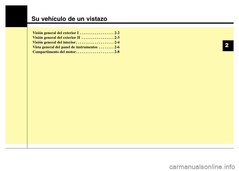 Hyundai Elantra 2016  Manual del propietario (i35) (in Spanish) Su vehículo de un vistazo
Visión general del exterior I . . . . . . . . . . . . . . . . . . 2-2
Visión general del exterior II . . . . . . . . . . . . . . . . . 2-3
Visión general del interior . .