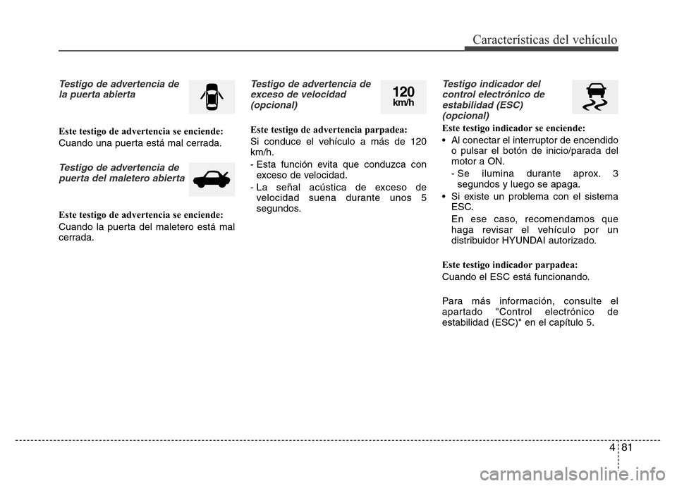 Hyundai Elantra 2016  Manual del propietario (i35) (in Spanish) 481
Características del vehículo
Testigo de advertencia de
la puerta abierta
Este testigo de advertencia se enciende:
Cuando una puerta está mal cerrada.
Testigo de advertencia de
puerta del malete