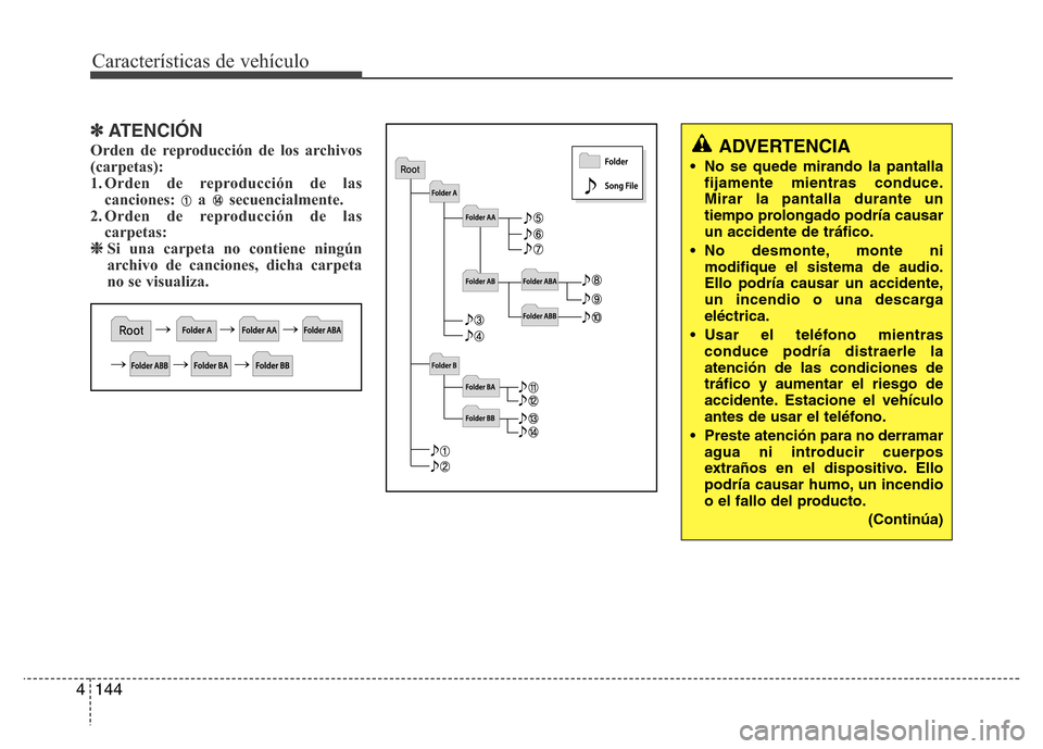 Hyundai Elantra 2016 Manual del propietario (i35) (in Spanish) Características de vehículo
144 4
✽ATENCIÓN
Orden de reproducción de los archivos
(carpetas):
1. Orden de reproducción de las
canciones: a secuencialmente.
2. Orden de reproducción de las
car Hyundai Elantra 2016 Manual del propietario (i35) (in Spanish) Características de vehículo
144 4
✽ATENCIÓN
Orden de reproducción de los archivos
(carpetas):
1. Orden de reproducción de las
canciones: a secuencialmente.
2. Orden de reproducción de las
car