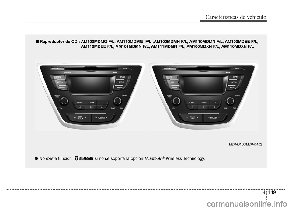 Hyundai Elantra 2016 Manual del propietario (i35) (in Spanish) 4149
Características de vehículo
■ Reproductor de CD : AM100MDMG F/L, AM110MDMG F/L ,AM100MDMN F/L, AM110MDMN F/L, AM100MDEE F/L,
AM110MDEE F/L, AM101MDMN F/L, AM111MDMN F/L, AM100MDXN F/L, AM110 Hyundai Elantra 2016 Manual del propietario (i35) (in Spanish) 4149
Características de vehículo
■ Reproductor de CD : AM100MDMG F/L, AM110MDMG F/L ,AM100MDMN F/L, AM110MDMN F/L, AM100MDEE F/L,
AM110MDEE F/L, AM101MDMN F/L, AM111MDMN F/L, AM100MDXN F/L, AM110