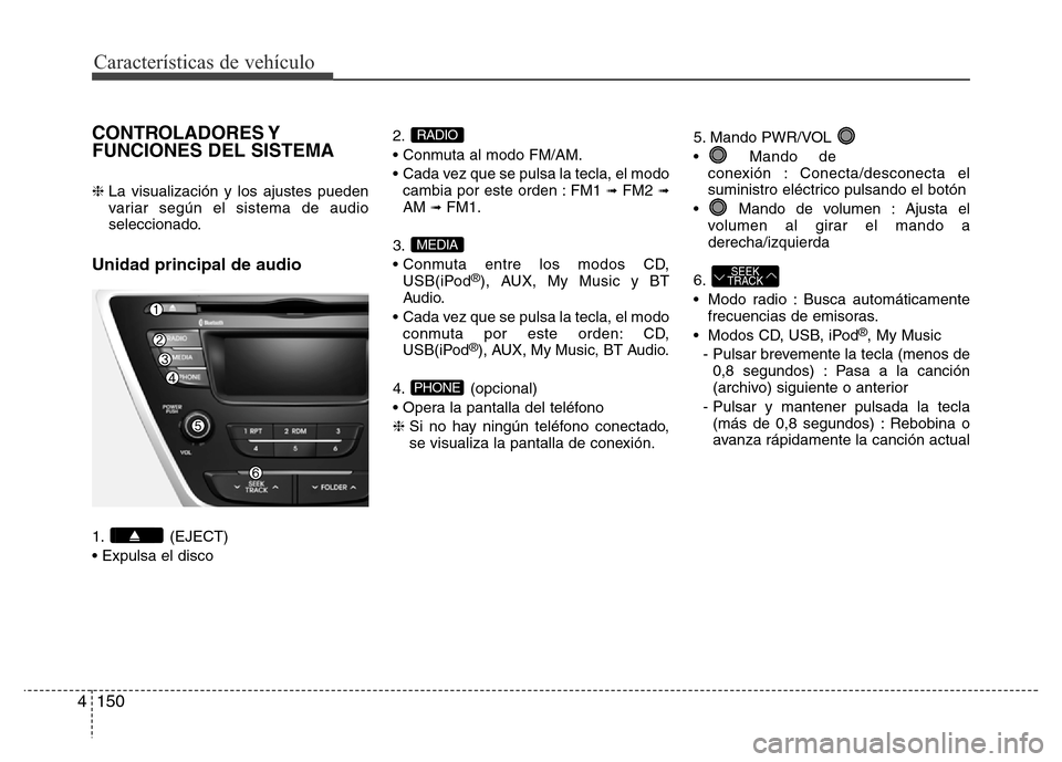 Hyundai Elantra 2016  Manual del propietario (i35) (in Spanish) Características de vehículo
150 4
CONTROLADORES Y
FUNCIONES DEL SISTEMA
❈ La visualización y los ajustes pueden
variar según el sistema de audio
seleccionado.
Unidad principal de audio 
1. (EJEC