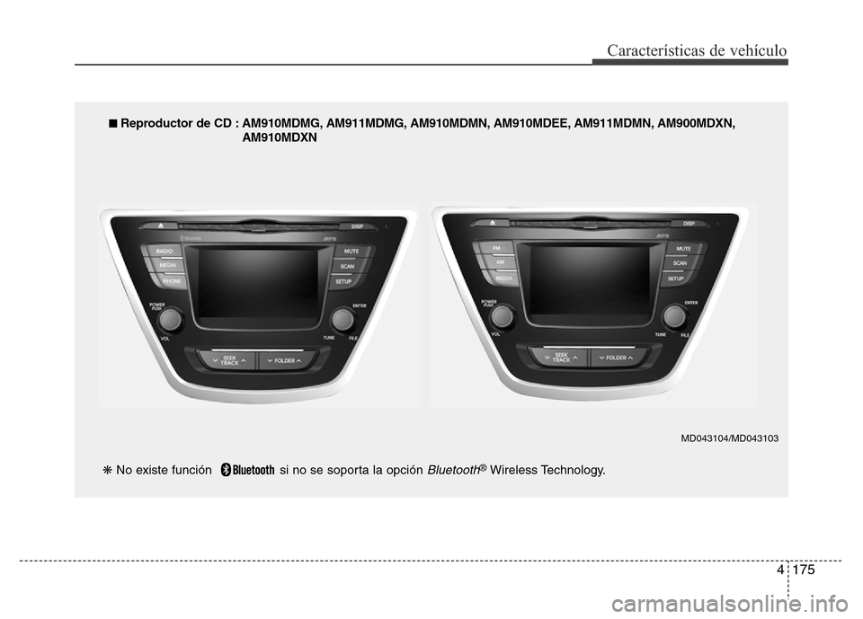 Hyundai Elantra 2016  Manual del propietario (i35) (in Spanish) 4175
Características de vehículo
■ Reproductor de CD : AM910MDMG, AM911MDMG, AM910MDMN, AM910MDEE, AM911MDMN, AM900MDXN,
AM910MDXN
❋No existe función   si no se soporta la opción 
Bluetooth®W